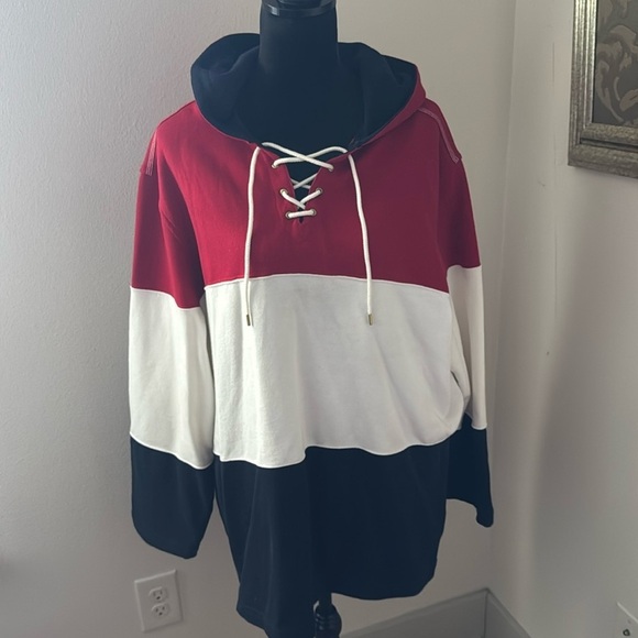 Ms. Lee blue red white color block hoodie lace up sweatshirt women’s sz 1X - Picture 1 of 5